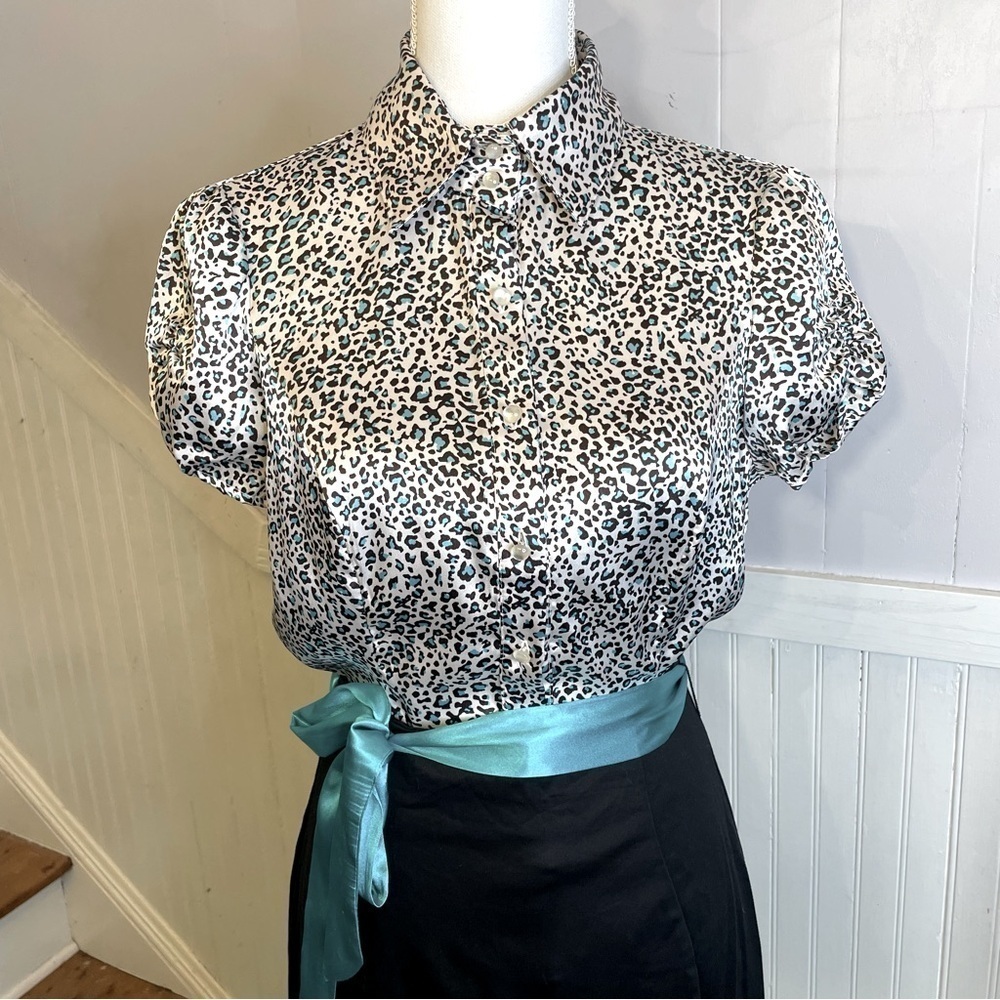 Y2K leopard blouse teal Betsey Johnson inspired bow silk Lisa Frank heart soul